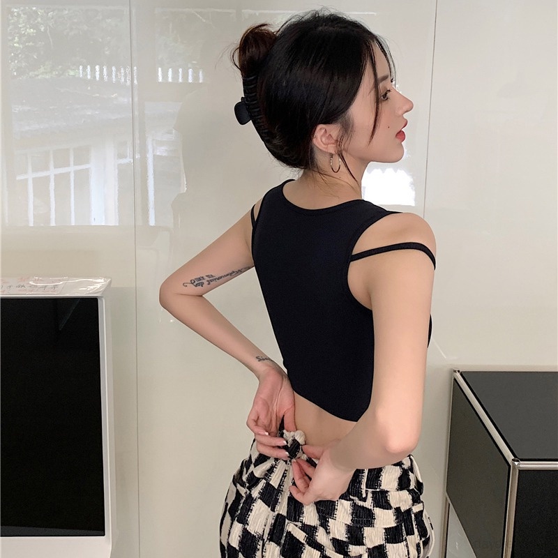 Áo Croptop Sát Nách In Chữ Thiết Kế Lệch Tà Cá Tính Cho Nữ