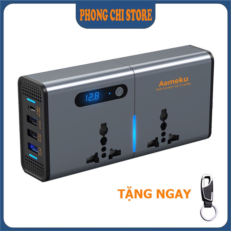 Bộ đổi nguồn 12v/24v sang 220v, Biến tần 12v/24v sang 220v Aemeku, công suất 200W, sạc nhanh PD27W, QC3.0