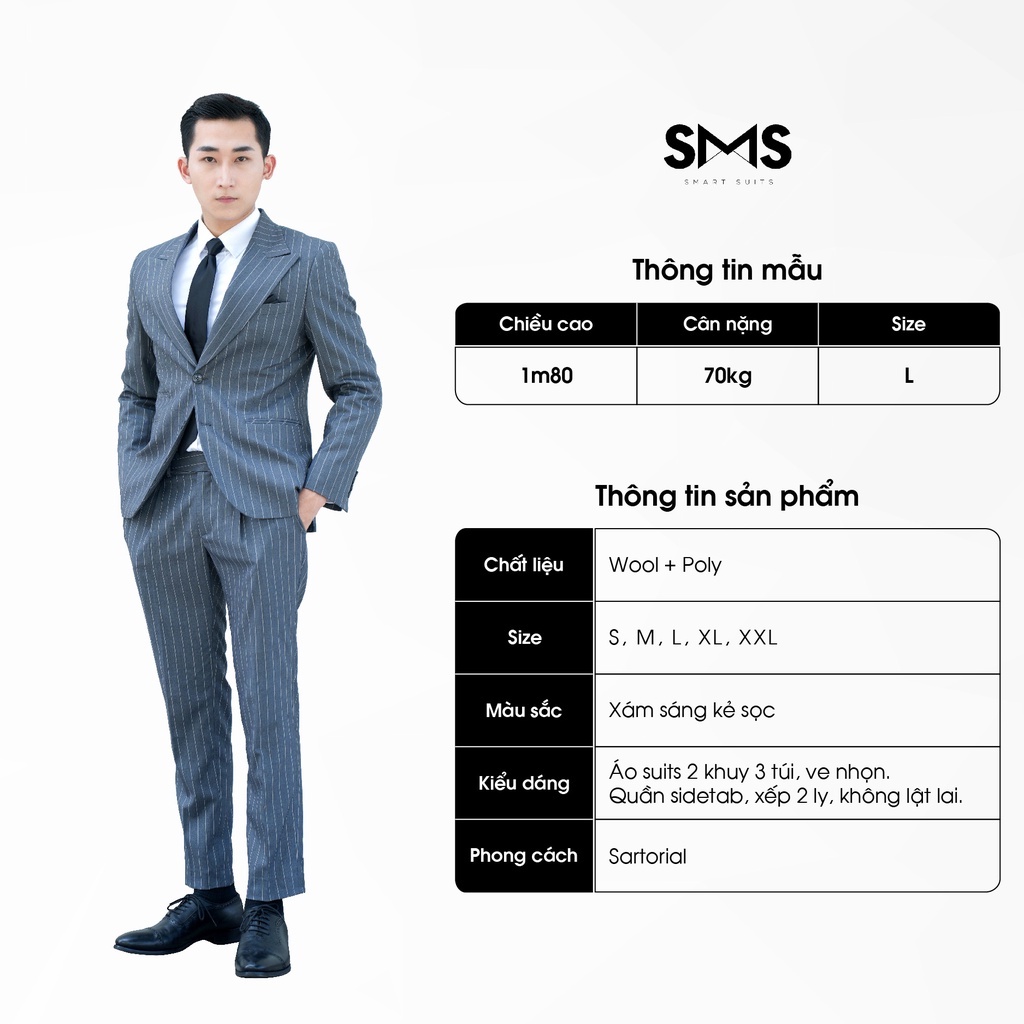 Vest nam xám sáng kẻ sọc 2 khuy 3 túi phối quần sidetab, suits sartorial, chuẩn form Smart Suits