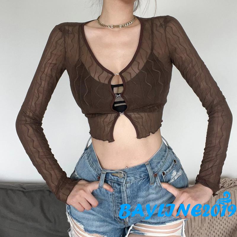 Áo Thun Crop Top Tay Dài Màu Trơn Khóa Kim Loại Nhìn Xuyên Thấu Đơn Giản Dành Cho Nữ