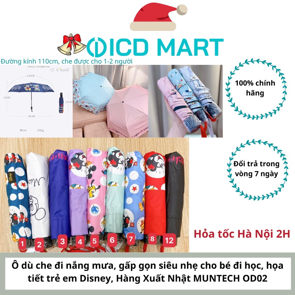 Ô dù che đi nắng mưa, gấp gọn siêu nhẹ cho bé đi học, họa tiết trẻ em Disney, Hàng Xuất Nhật MUNTECH OD02- bán kinh 55