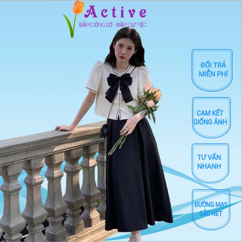 Set đầm dạo phố, dự tiệc, công sở ACTIVE phối đầm suông xếp li với áo tay ngắn cột nơ lớn, chất vải kaki mango đẹp mê ly
