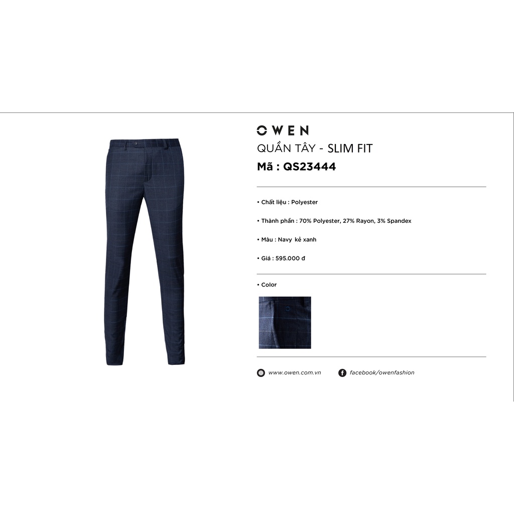 Quần âu tây nam công sở cao cấp OWEN QS23444 dáng slim fit ống ôm màu màu navy kẻ xanh vải polyester mềm mát đứng dáng