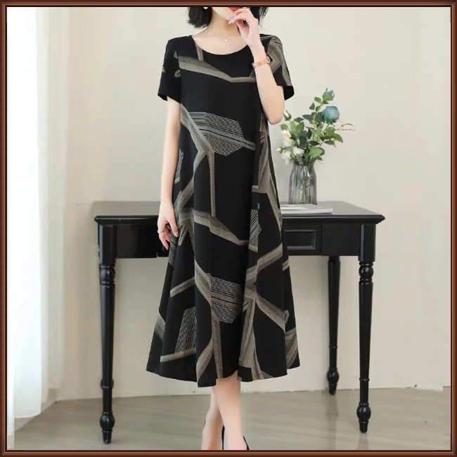 Đầm Midi Tay Ngắn Cổ Tròn Dáng Chữ A In Họa Tiết Trừu Tượng Thời Trang Xinh Xắn Cho Nữ