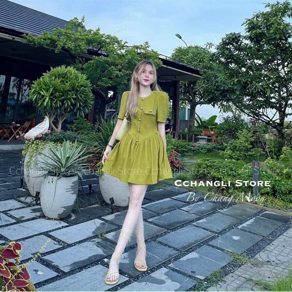 [11.11 Sale Freeship] Đầm tiểu thư nữ,thun gân đính nút dáng xòe xếp ly với hai màu tôn da xinh xắn đáng yêu cho cácnàng