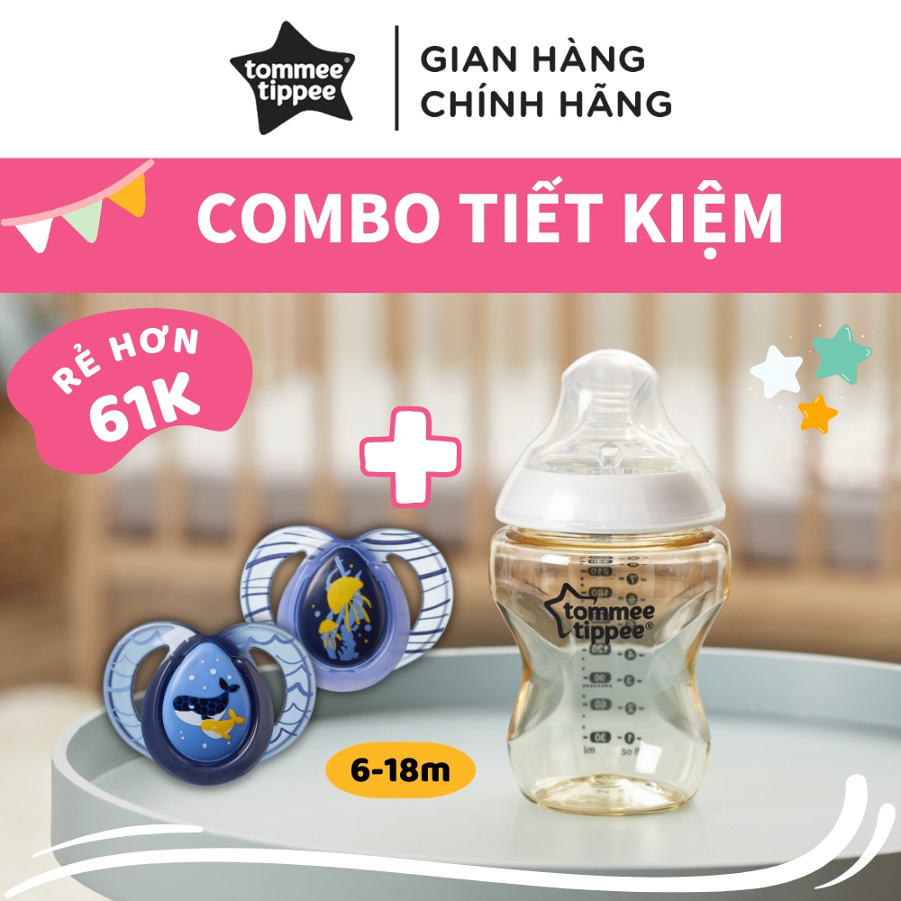 COMBO Ty ngậm dạ quang Tommee Tippee Night Time & Bình sữa PPSU ty siêu mềm Tommee Tippee Closer to Nature 260ml