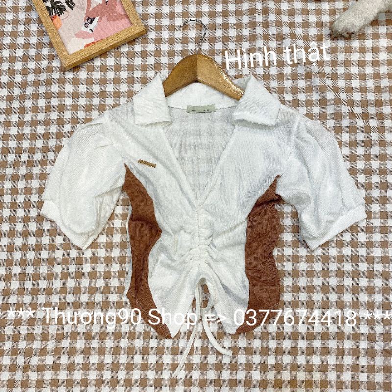 Áo Croptop cổ chữ V sơ mi tay ngắn RÚT DÂY PHỐI MÀU 2 BÊN chất thun gân mềm mại //Thương 90 Shop