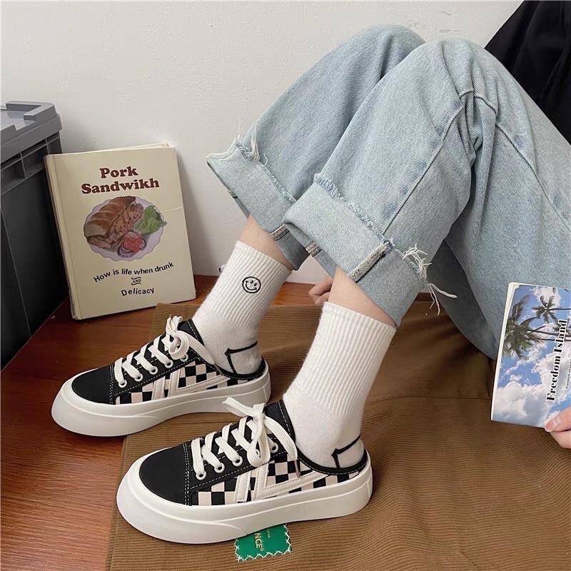 Giày sục nữ thể thao đế độn với 2 màu caro thời trang Giày sục nữ 2 màu siêu xinh tăng chiều cao phong cách