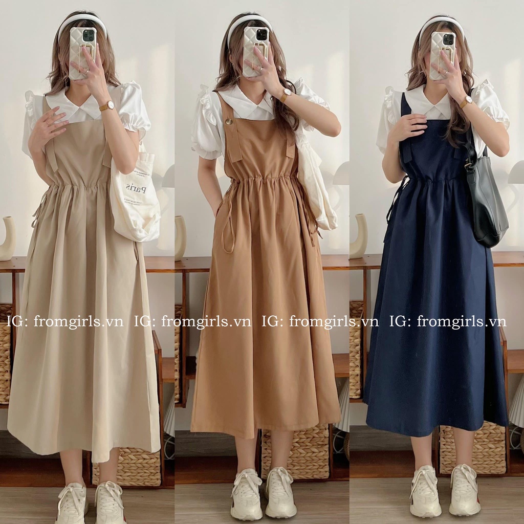 Set váy yếm babydoll xòe rút dây eo vintage và áo sơ mi cổ bèo tay lỡ trắng - SET33