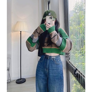 Áo len croptop kẻ xanh vải len móc dày thu đông