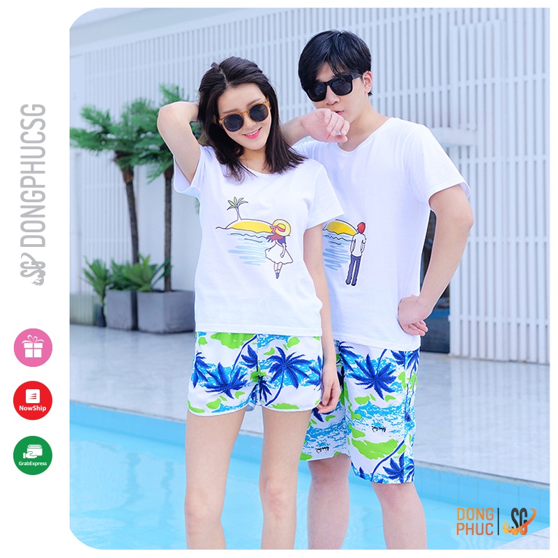 Đồ đi biển nam nữ cặp đôi - Set đi biển gồm áo và quần hoạ tiết nổi bật - Chất thun dày dặn DDB02-2 | DONGPHUCSG