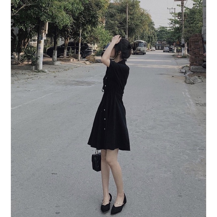 Váy sơ mi cộc tay cổ đức túi hộp dây rút eo, đầm suông dáng ngắn kiểu sơ mi trẻ trung