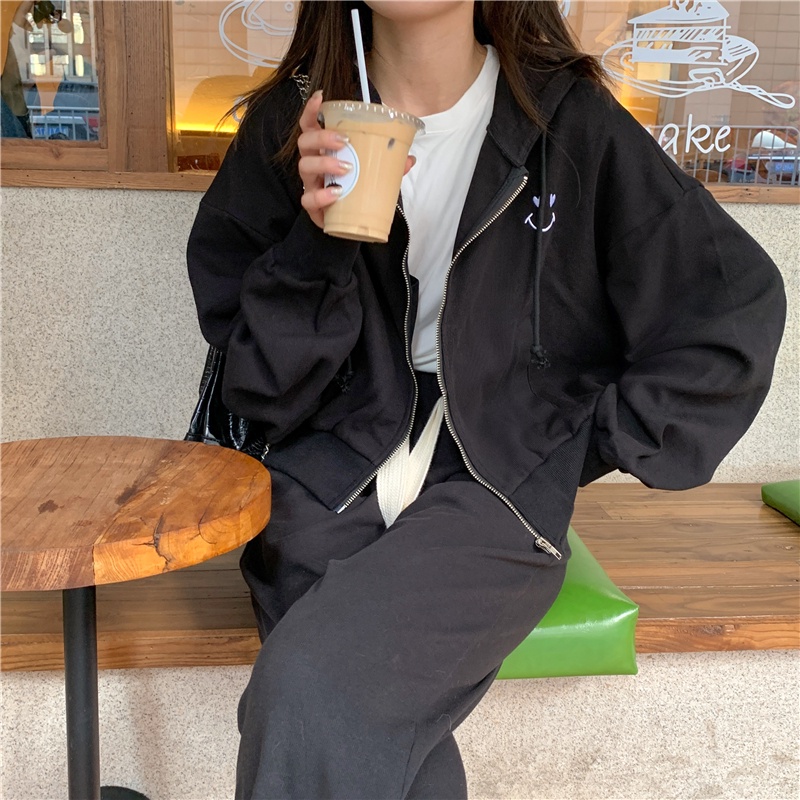Áo khoác hoodie thể thao SUXI tay dài dáng rộng thêu họa tiết xinh xắn dễ phối đồ thời trang xuân thu cho nữ