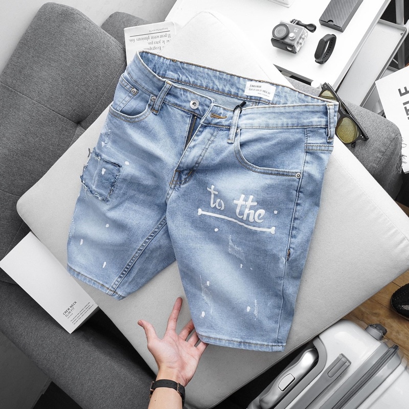 Quần Short Jean Bigsize nam màu xanh họa tiết chất bò jean co giãn slim ôm nhẹ xuất xịn