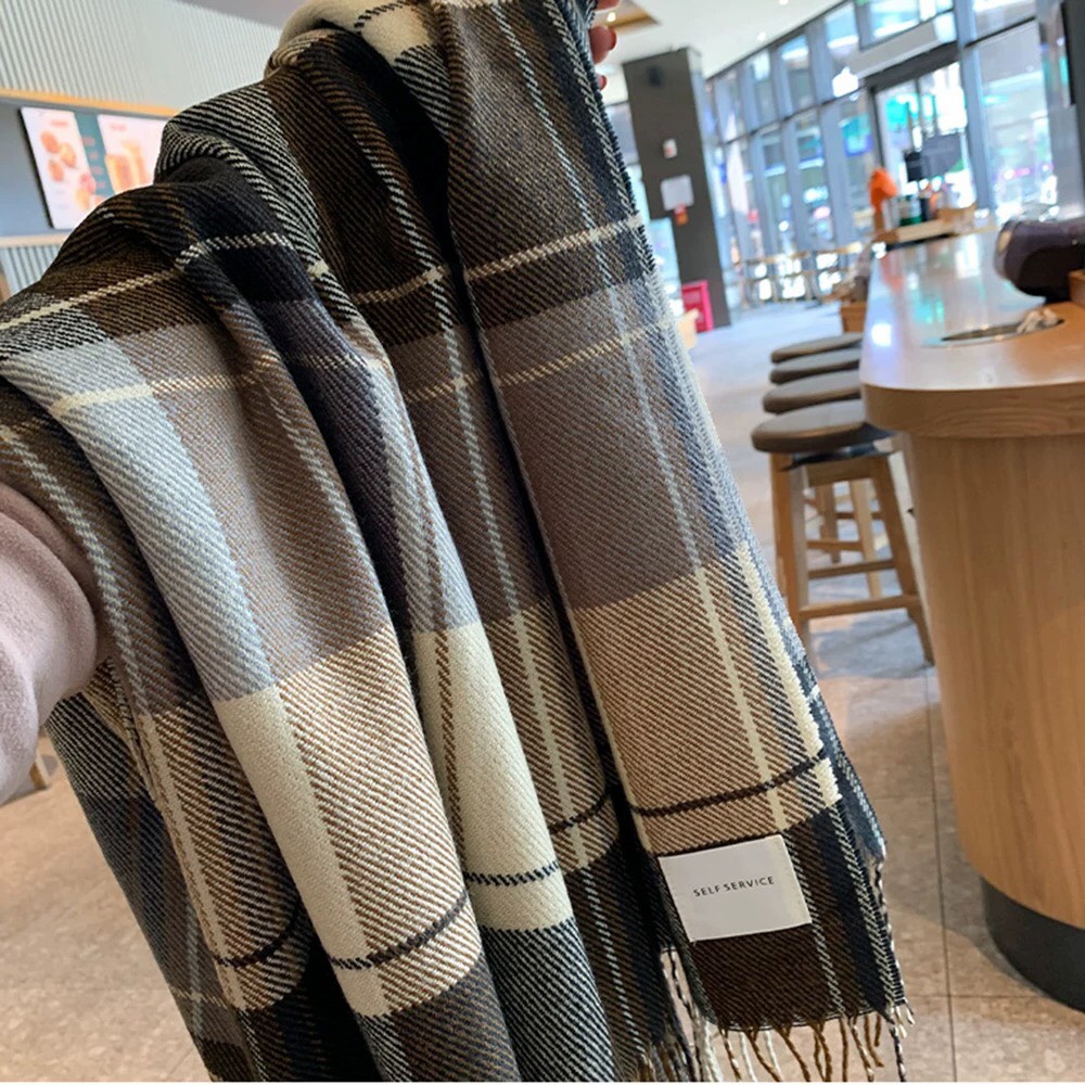 Khăn choàng quàng cổ nữ chất len cashmere hoạ tiết caro giữ ấm thời trang thu đông kích thước 60x190cm KL18