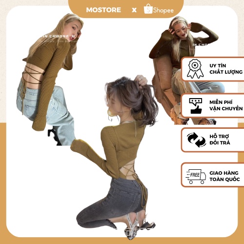 Áo len giữ nhiệt dài tay cách điệu dây lưng đan chéo freesize đủ màu