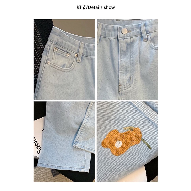 Quần Jean Dài Lưng Cao Ống Suông Thêu Hoa Thời Trang 2022 Cho Nữ