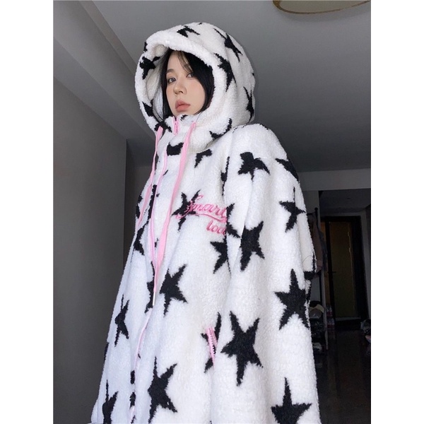 Áo khoác hoodie zip mặt bông hoạ tiết đầy sao Star mũ rộng phong cách Y2K FOOTMADE