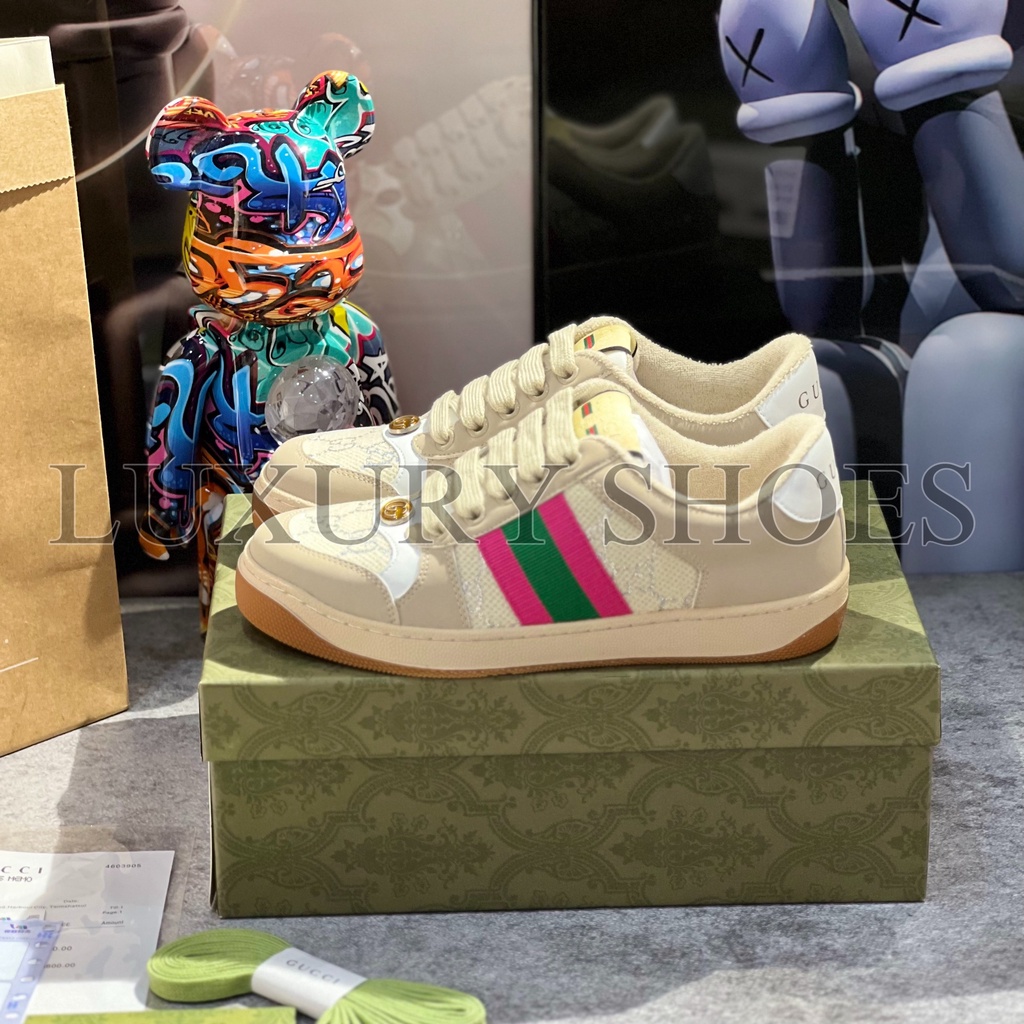 Giày Thể Thao Gucci Screener Leather Sneakers Phối Màu Hồng Xanh Lá Gót Trắng. GG Beige Pink Green Cao Cấp White Lamé