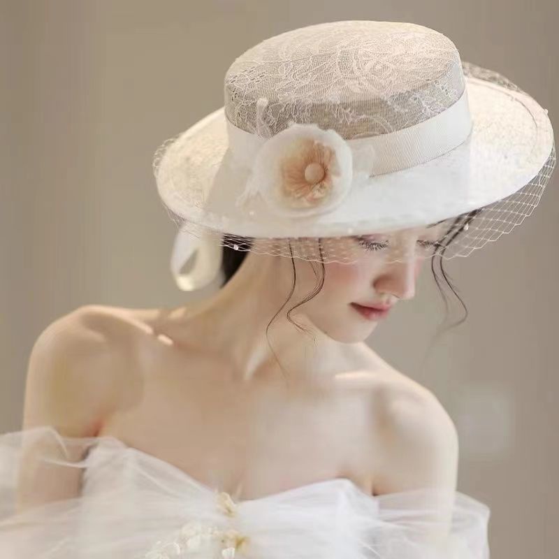 Mũ Sườn Xám Phối Ren Lưới Đính Hoa Phong Cách Pháp Cổ Điển Thời Trang Cho Cô Dâu