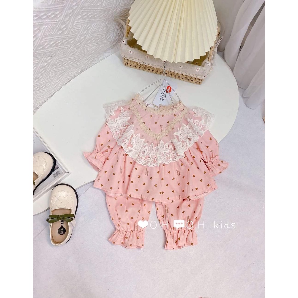 Bộ pijama dài tay cho bé gái, bộ hoa nhí phối ren cực đẹp