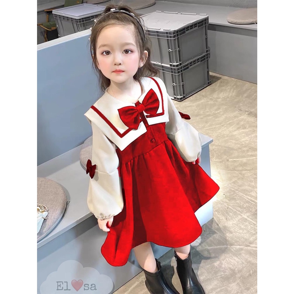 Váy Nhung Tăm Cổ Vuông Đính Nơ Sang Chảnh Dành Cho Bé Gái từ 8-25kg