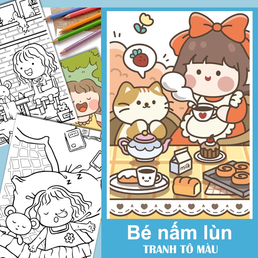 Tranh tô màu "Nấm Lùn ham ăn" 30 tranh, khổ giấy A5 dày kèm Tranh mẫu