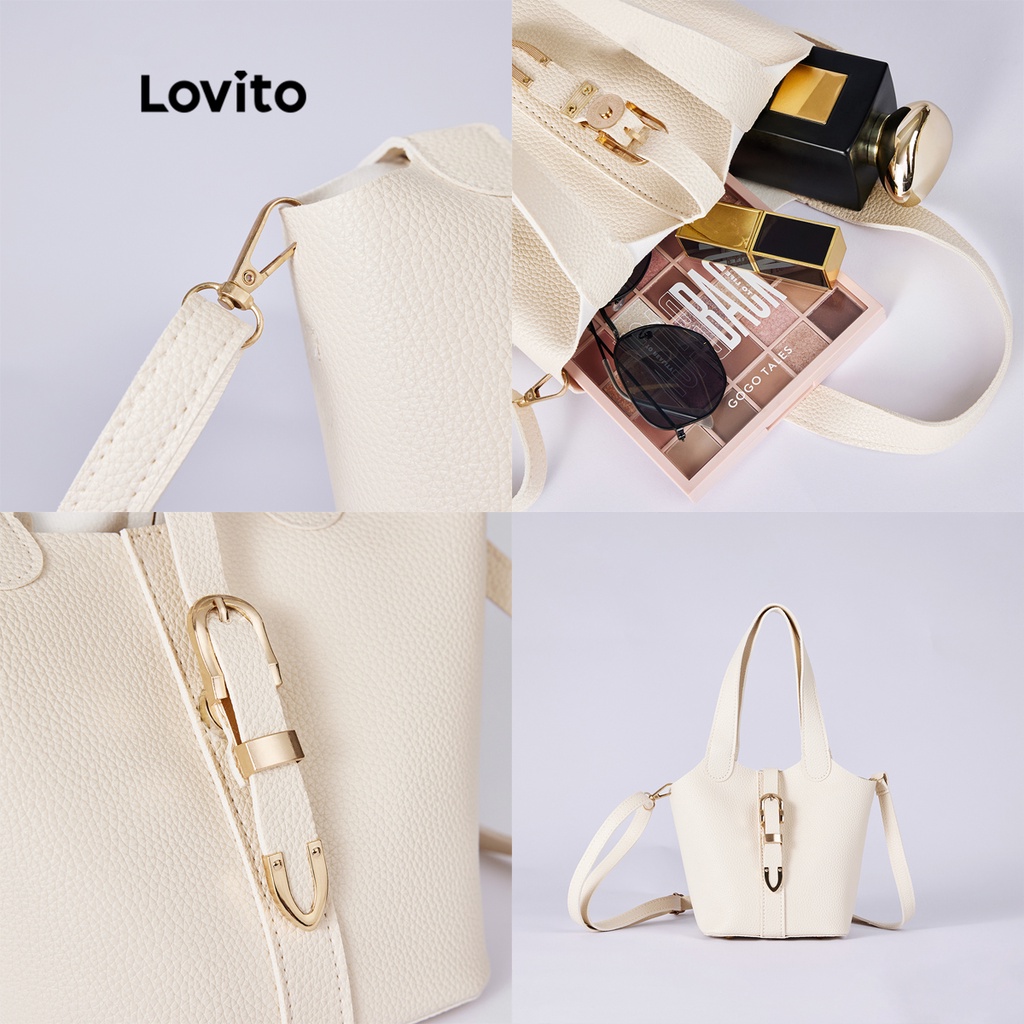 Lovito Trơn Thanh Lịch Kết Cấu Da PU Khóa Kim Loại Túi Vuông Nữ L38BA26 (Vàng Nhạt/Trắng Tắt/Đen)