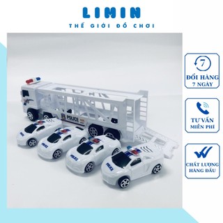 Xe ô tô đồ chơi, ô tô cảnh sát, bộ gồm 1 xe tải 2 tầng chở 4 xe cảnh sát