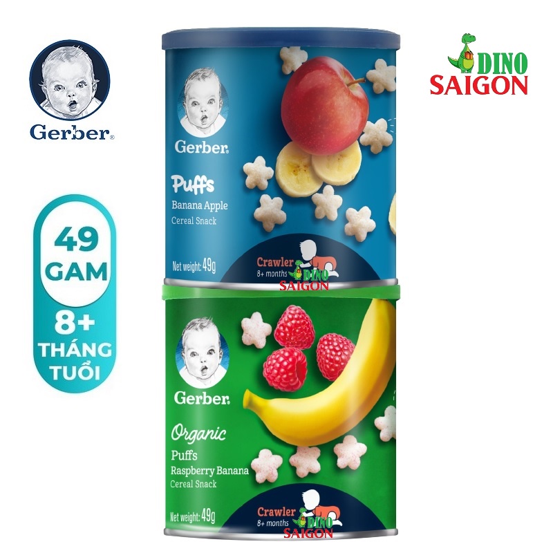 Combo 2 Hộp Bánh Ăn Dặm Gerber Puffs 49g vị Organic Phúc bồn tử và Chuối táo