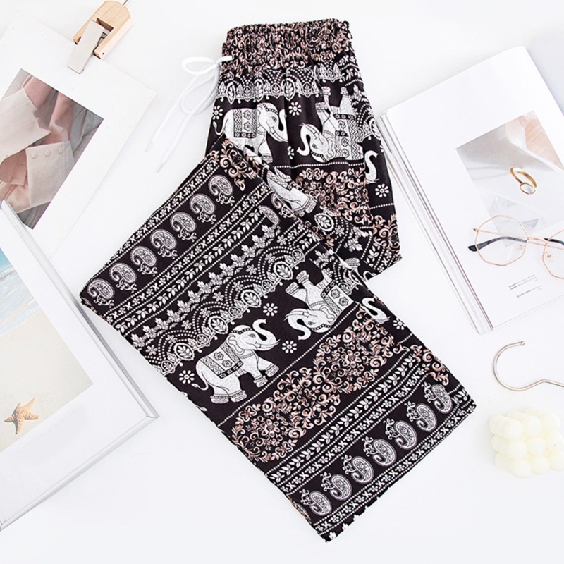 Quần Palazzo Ống Rộng Lưng Thun Rút Dây In Họa Tiết Voi Phong Cách Bohemian Dành Cho Nữ