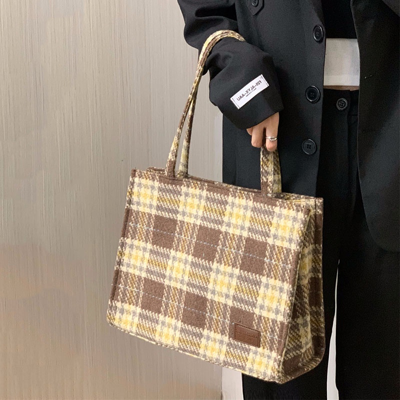Túi Xách Đeo Vai Vải Len Sức Chứa Lớn Họa Tiết Sọc Caro Phong Cách retro Chất Lượng Cao Cho Nữ