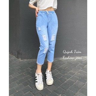 [35-67kg] Quần Jean Baggy Dáng Lỡ Lưng Thun Lật Lai Rách Màu Xanh Nhạt