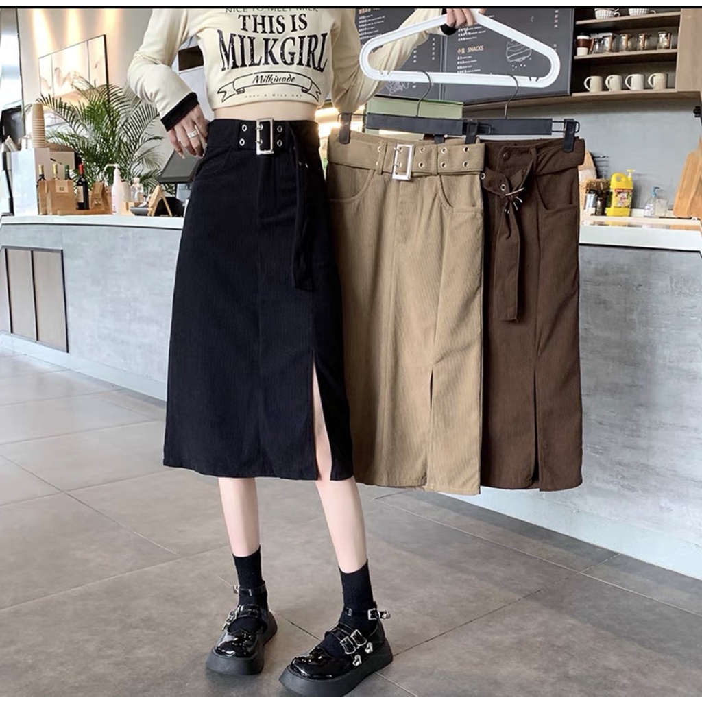 Chân váy dài chất nhung tăm kèm đai đủ size SML