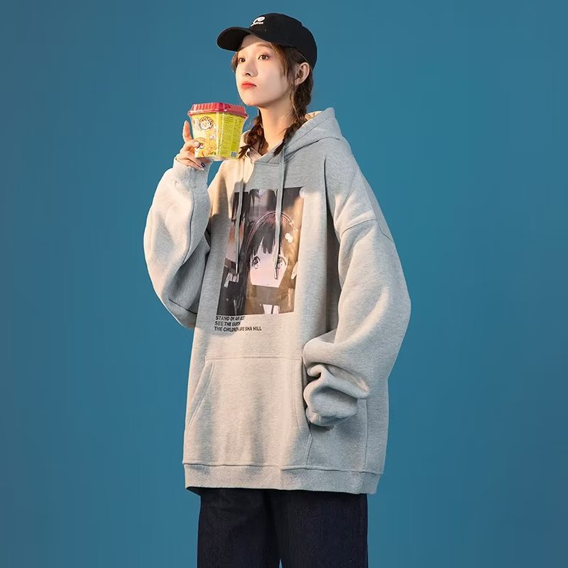 IELGY    Áo Hoodie Dáng Rộng In Họa Tiết Hoạt Hình Phong Cách Hong Kong Thời Trang Cho Nữ