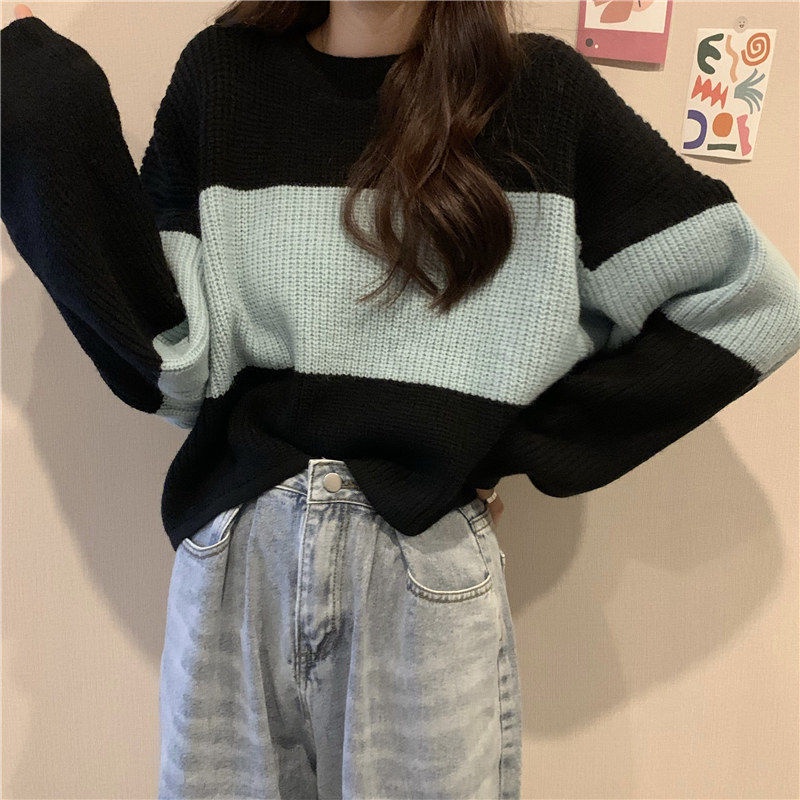 Áo Sweater Tay Dài Dáng Rộng Họa Tiết Kẻ Sọc Thời Trang Hong Kong Cổ Điển Hàng Mới 2022 Dành Cho Bạn Nữ