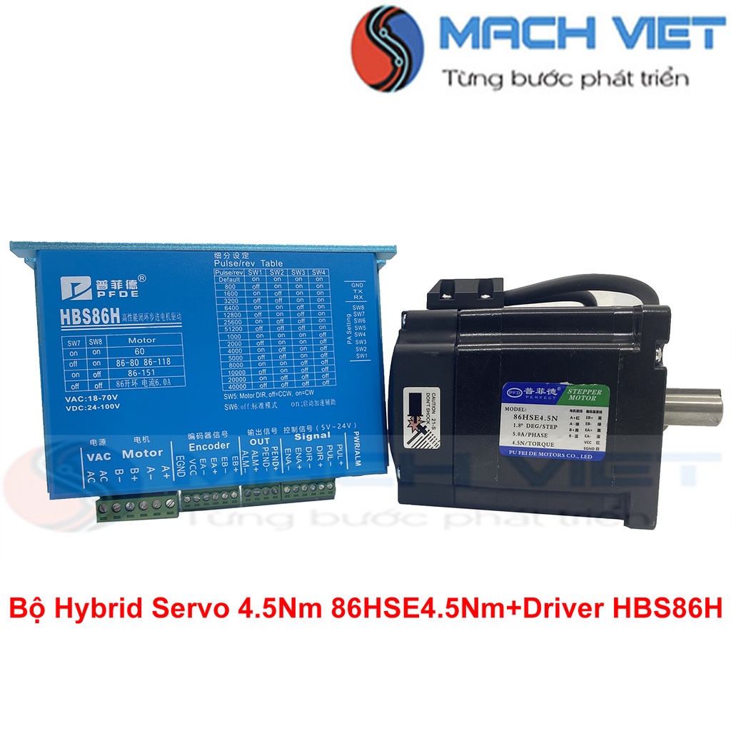 Bộ Động Cơ Hybrid servo 4.5Nm 86HSE4.5N + Driver HBS86H  + Cáp hãng PFDE