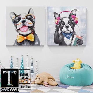 (Tranh Giá Xưởng) Tranh canvas treo tường hiện đại nghệ thuật, chân dung Chó, Mèo ngộ nghĩnh CM31-40