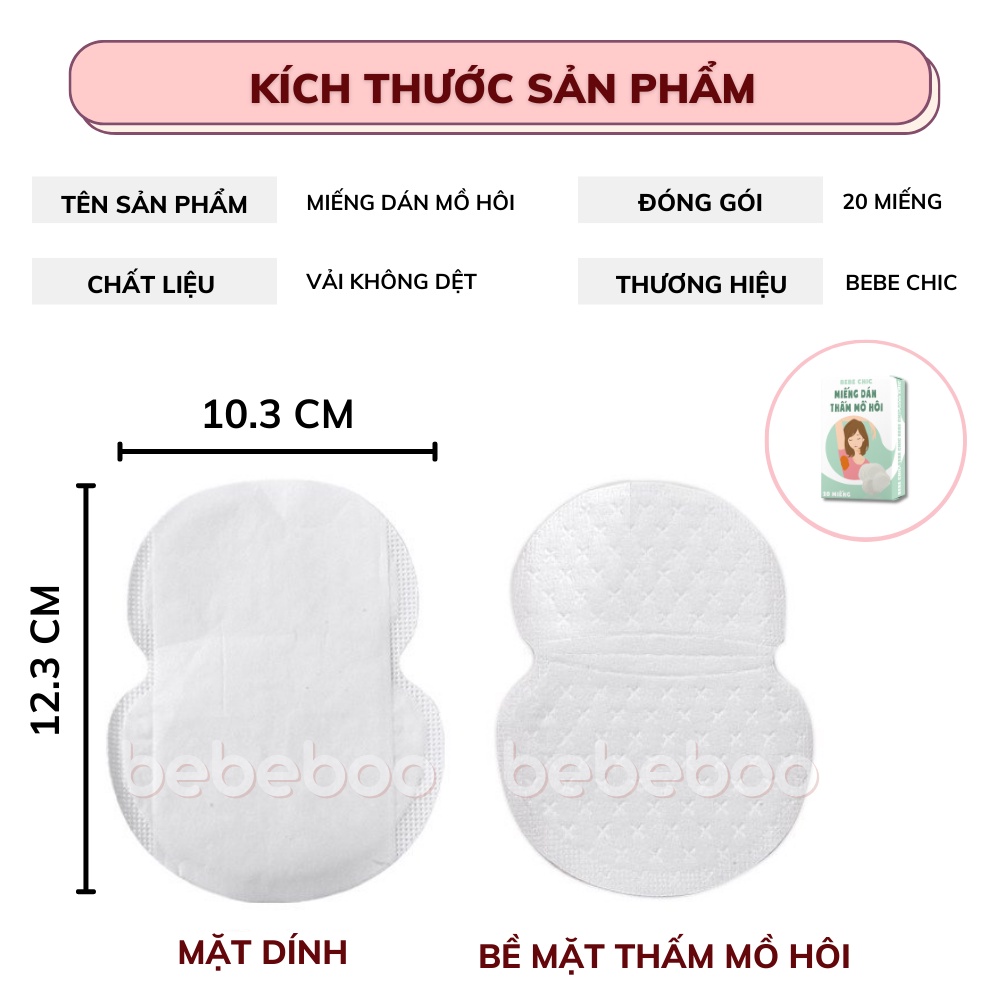 Hộp 20 Miếng dán thấm mồ hôi BEBECHIC - Khô thoáng ngăn mồ hôi nách ướt áo - Khử mùi mồ hôi nách