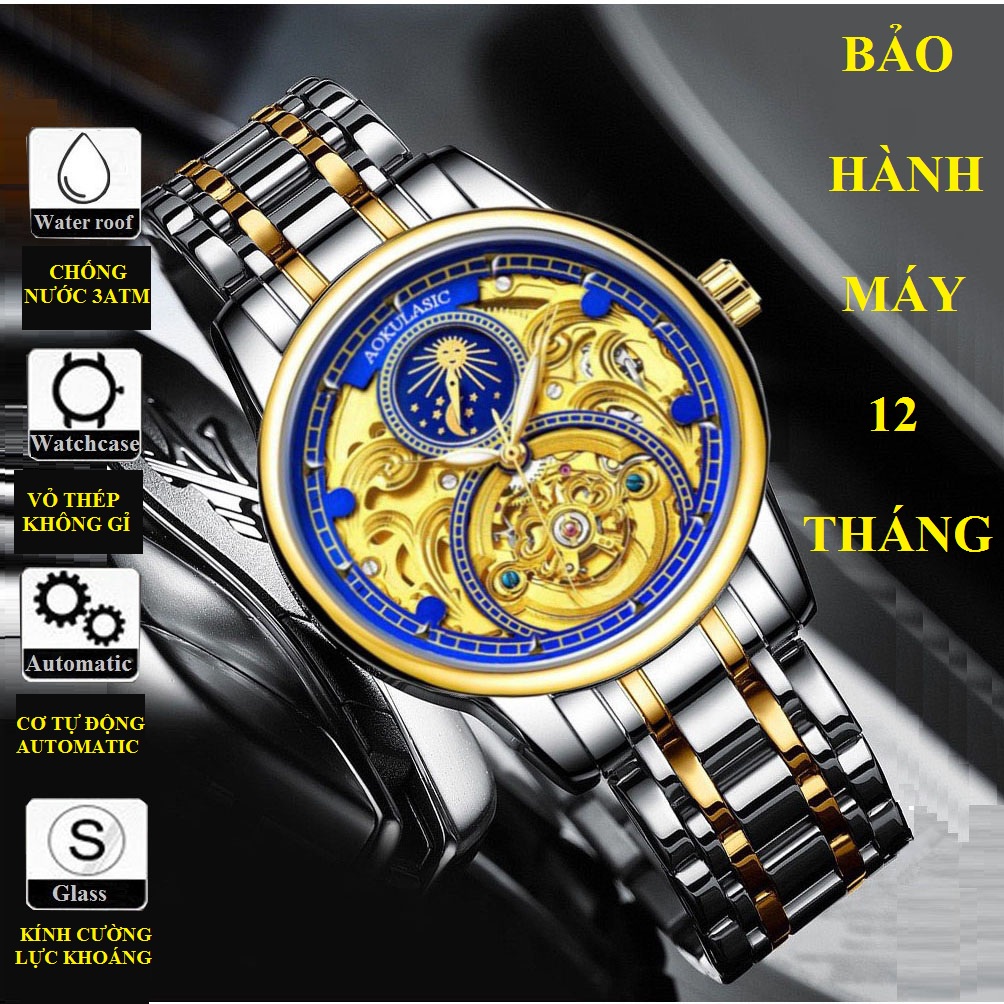 ĐỒNG HỒ NAM CƠ TỰ ĐỘNG CHÍNH HÃNG AOKULASIC DÂY THÉP ĐÚC ĐẶC KHÓA BƯỚM KÍNH SAPHIRE - THIẾT KẾ LỘ MÁY CÁ TÍNH AOK89