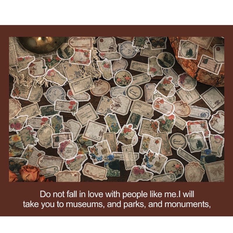 Set 100 sticker nhãn dán washi mini hình tem vintage cổ điển trang trí sổ bullet journal