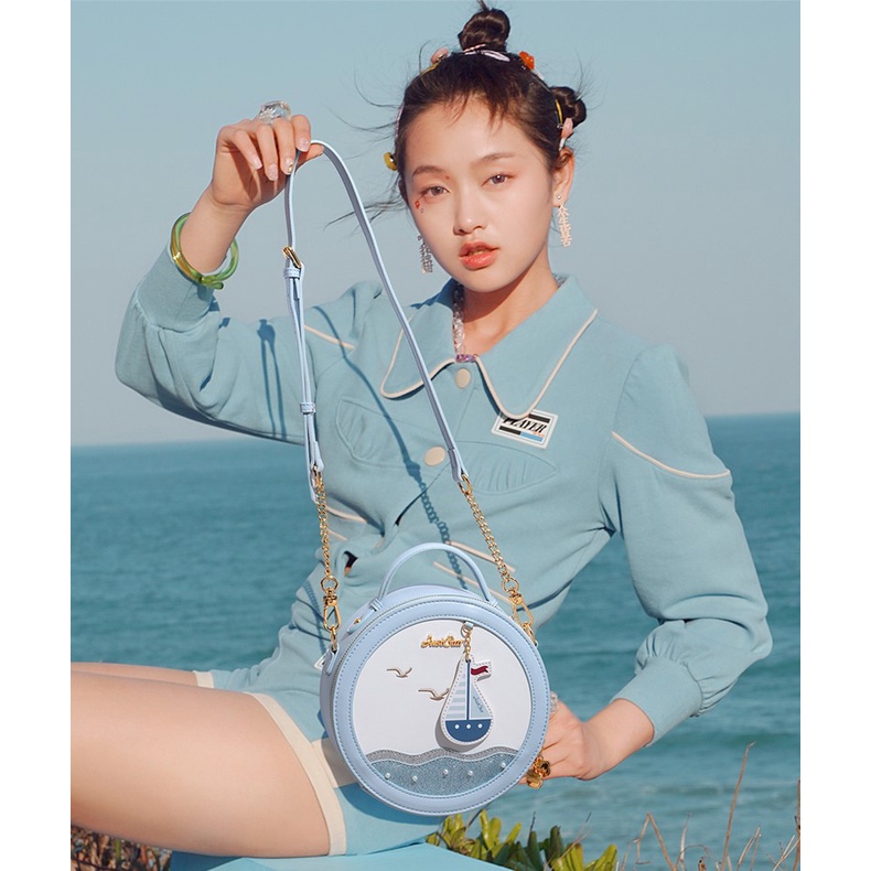 Túi đeo chéo nữ Just Star dễ thương đẹp cute phom tròn thuyền và biển màu xanh hàng hiệu ViAnh Store 171277