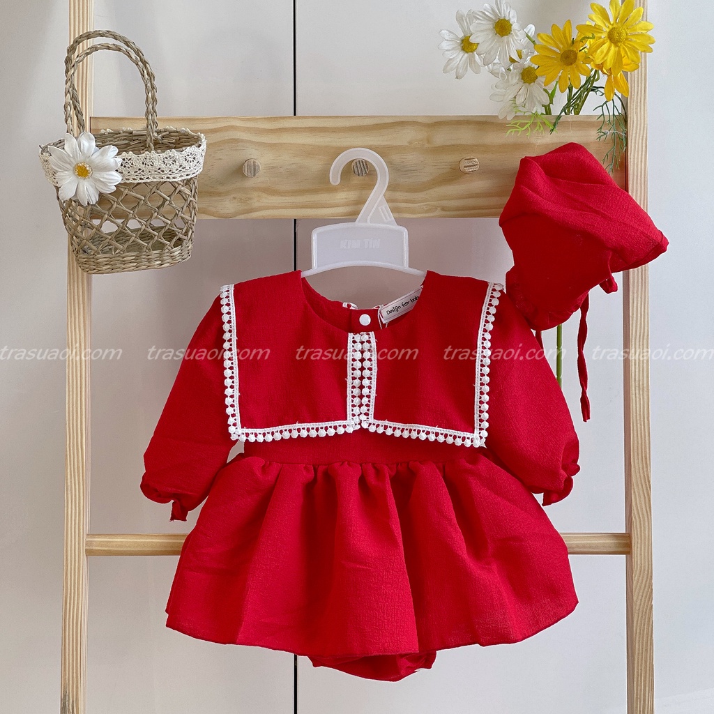 Body váy đỏ thu đông cho bé gái diện Noel và Tết, phối cổ ren trắng xinh xắn - TRASUAOI D048