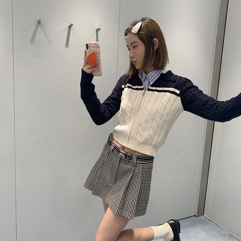 ZHELIHANGFEI Áo Khoác Cardigan Dệt Kim Tay Dài Lưng Cao Phối Khóa Kéo Phong Cách Retro