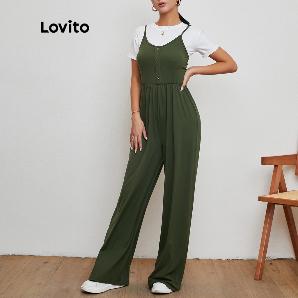 Lovito Bộ Jumpsuit Hai Dây Ống Rộng L20D120 Màu Xanh Lá