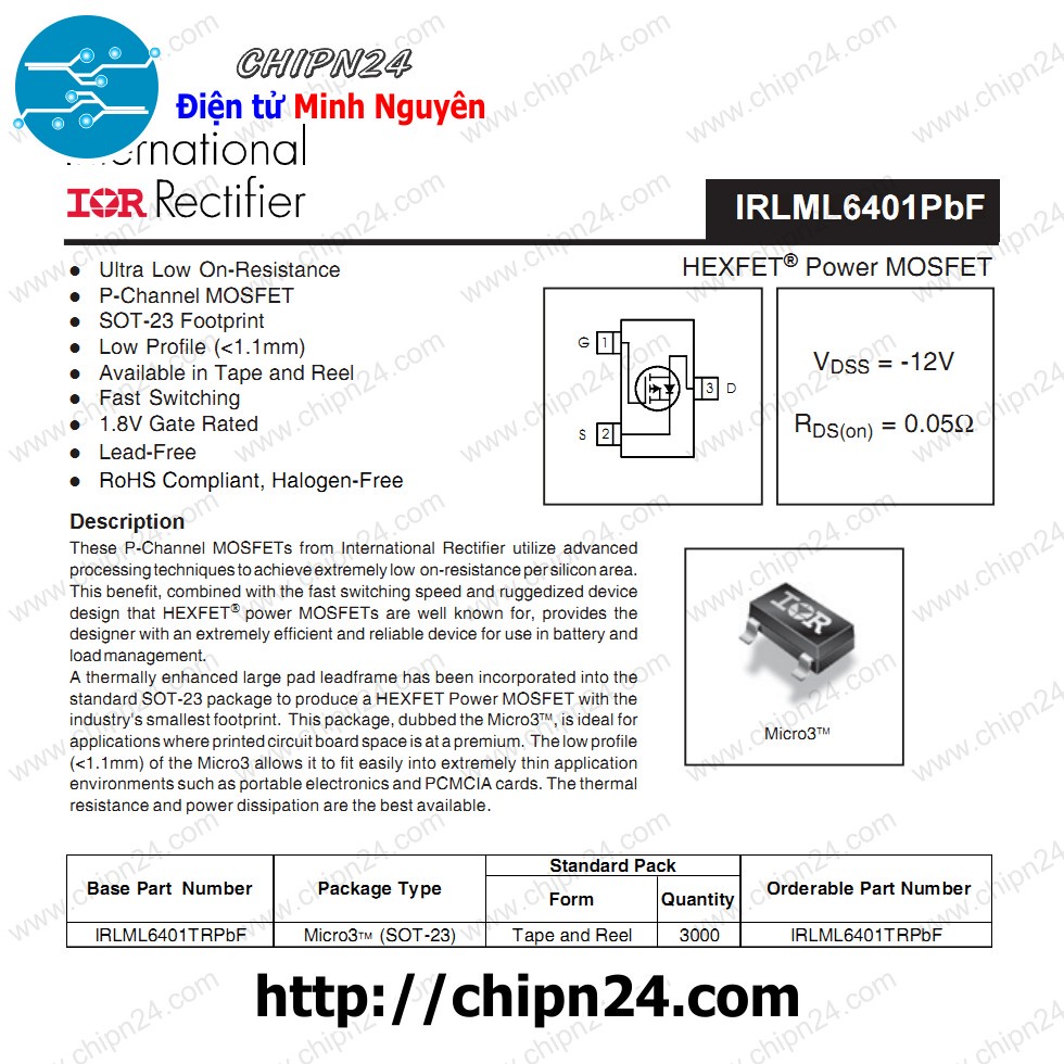 [10 CON] (SOP) Mosfet Dán IRLML6401 (1F9K) SOT-23 4.3A 12V Kênh P (SMD Dán) (IRLML6401TRPBF 6401)