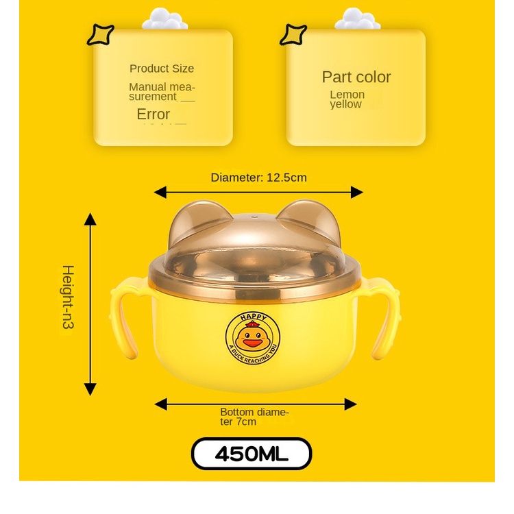 Bát Ăn Cơm Bằng Thép Không Gỉ 304 Hình Vịt Vàng Hoạt Hình Cho Trẻ Em 450ml chính hãng Hàn Quốc kiểm định an toàn