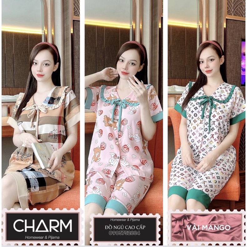 Bộ Ngủ Lụa Pịama lửng Mango Cổ Cột Nơ Tiểu Thư