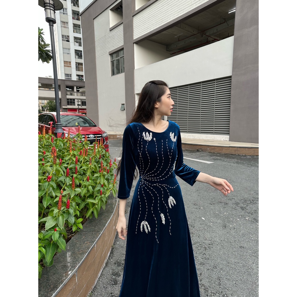 đầm xòe nữ dự tiệc ,sang trọng , thiết kế cao cấp, tay dài, giấu bụng