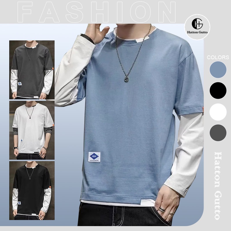 Hatton Gutto COD Áo Thun Tay Dài Cổ Tròn Giả Hai Lớp Thoáng Khí Thời Trang Mùa Hè Cho Nam